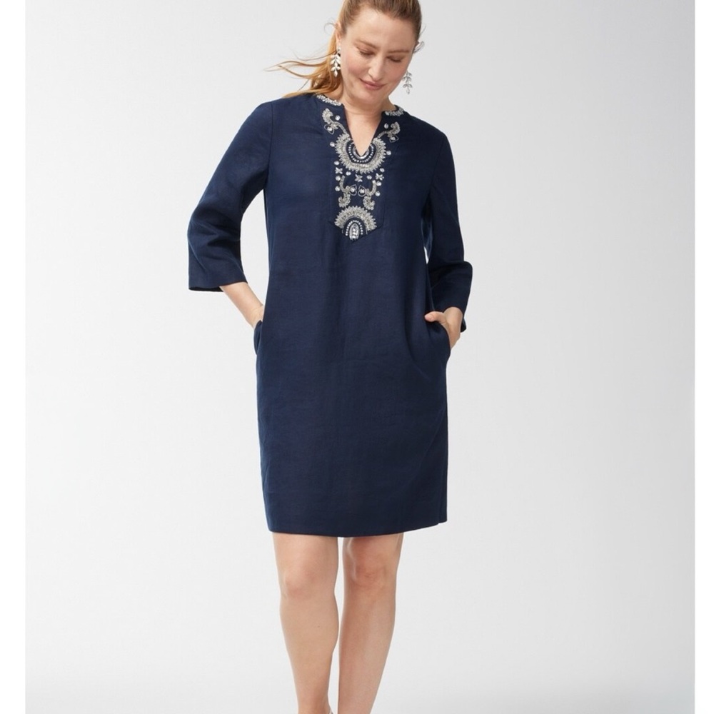 Chico’s NWT Linen Embellished Navy 3/4 Sleeve Navy Tunic Dress Size 12